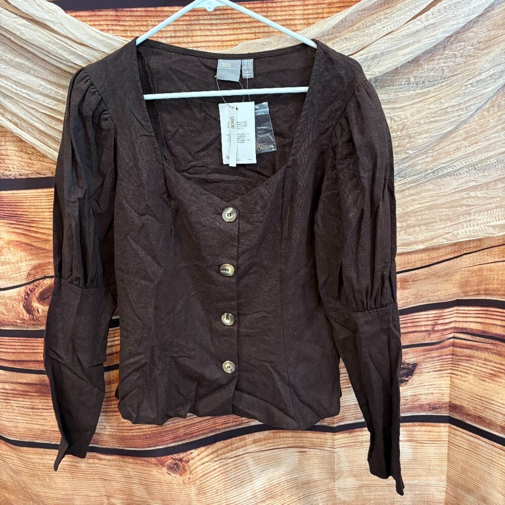 asos Womens Brown Button Down Boho Ren Faire Sleeve Top Size US 10‎ /  L NWT